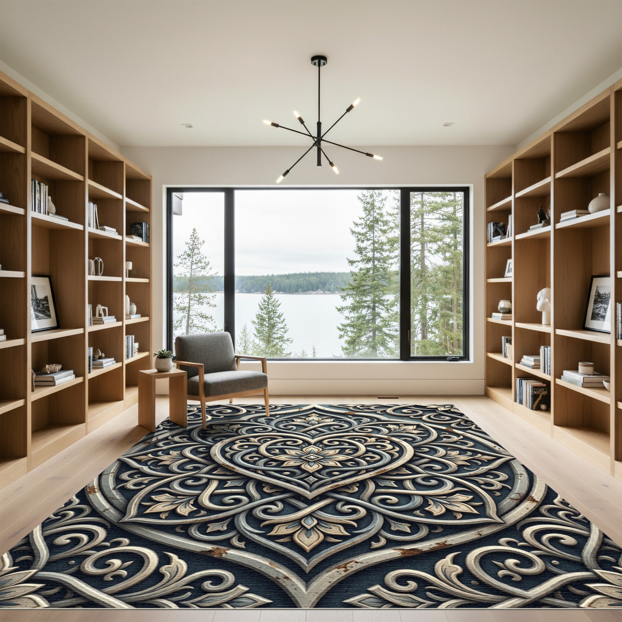 Elegant Cream Scrollwork Heart Medallion Rug