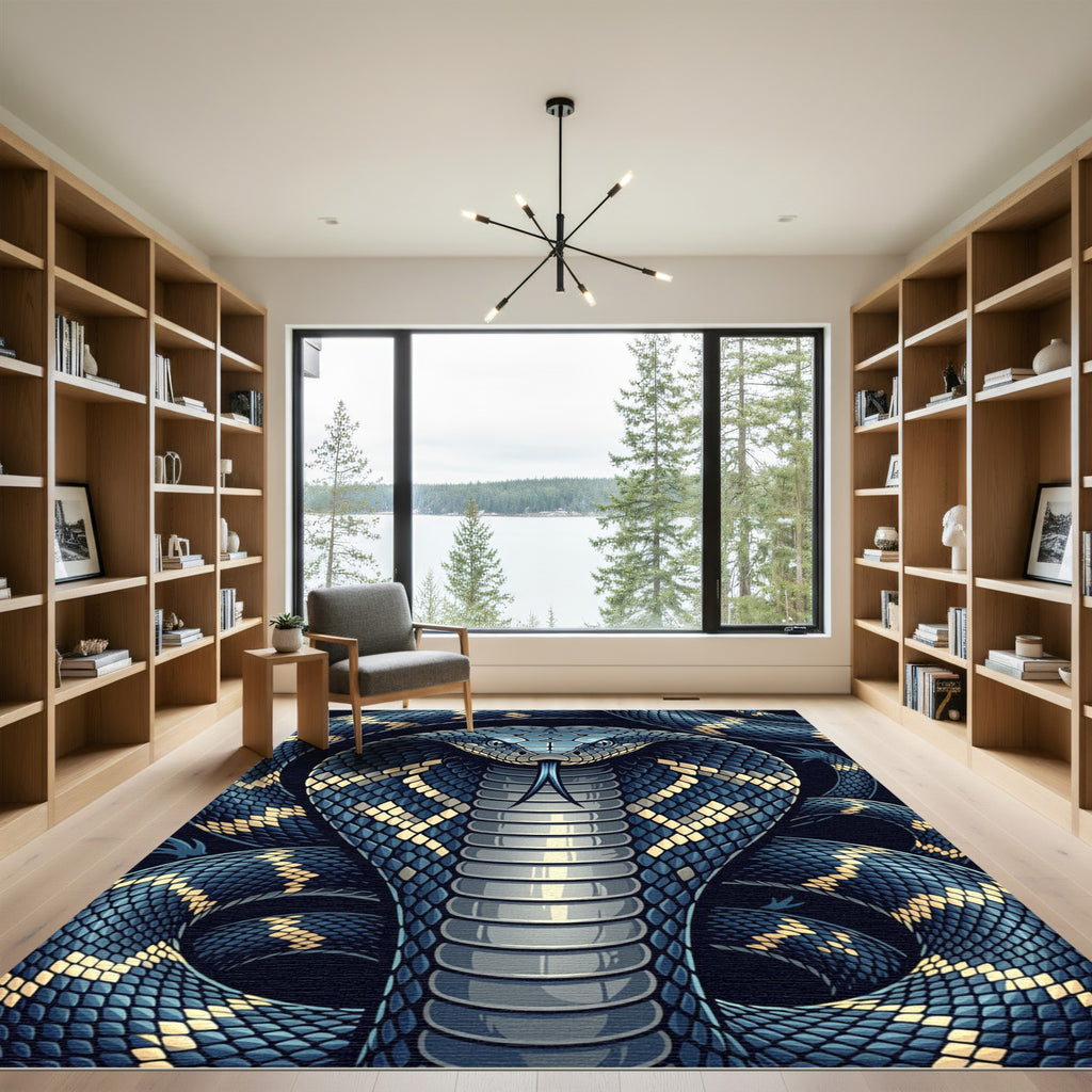 Intricate Blue Golden Cobra Serpent Rug