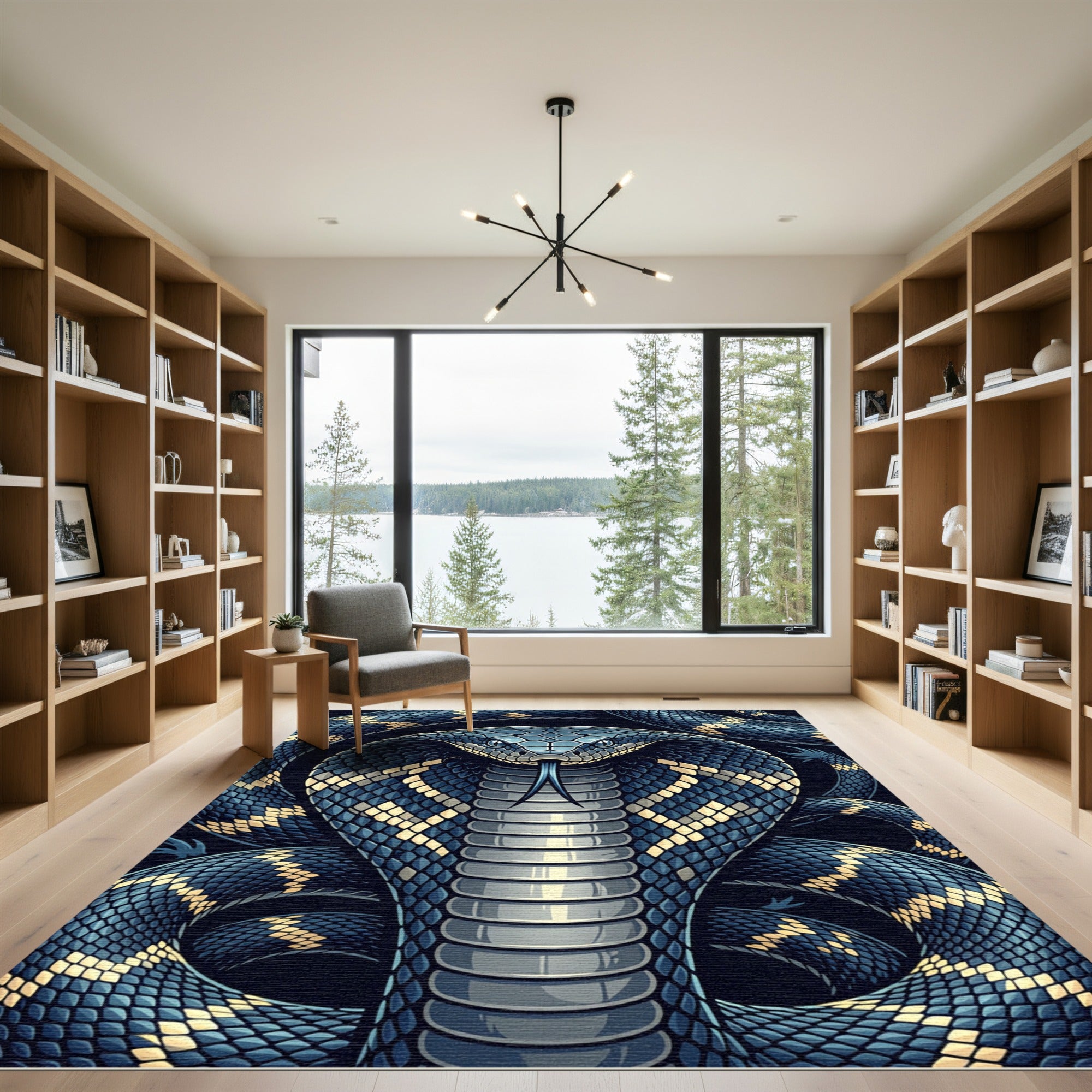 Intricate Blue Golden Cobra Serpent Rug