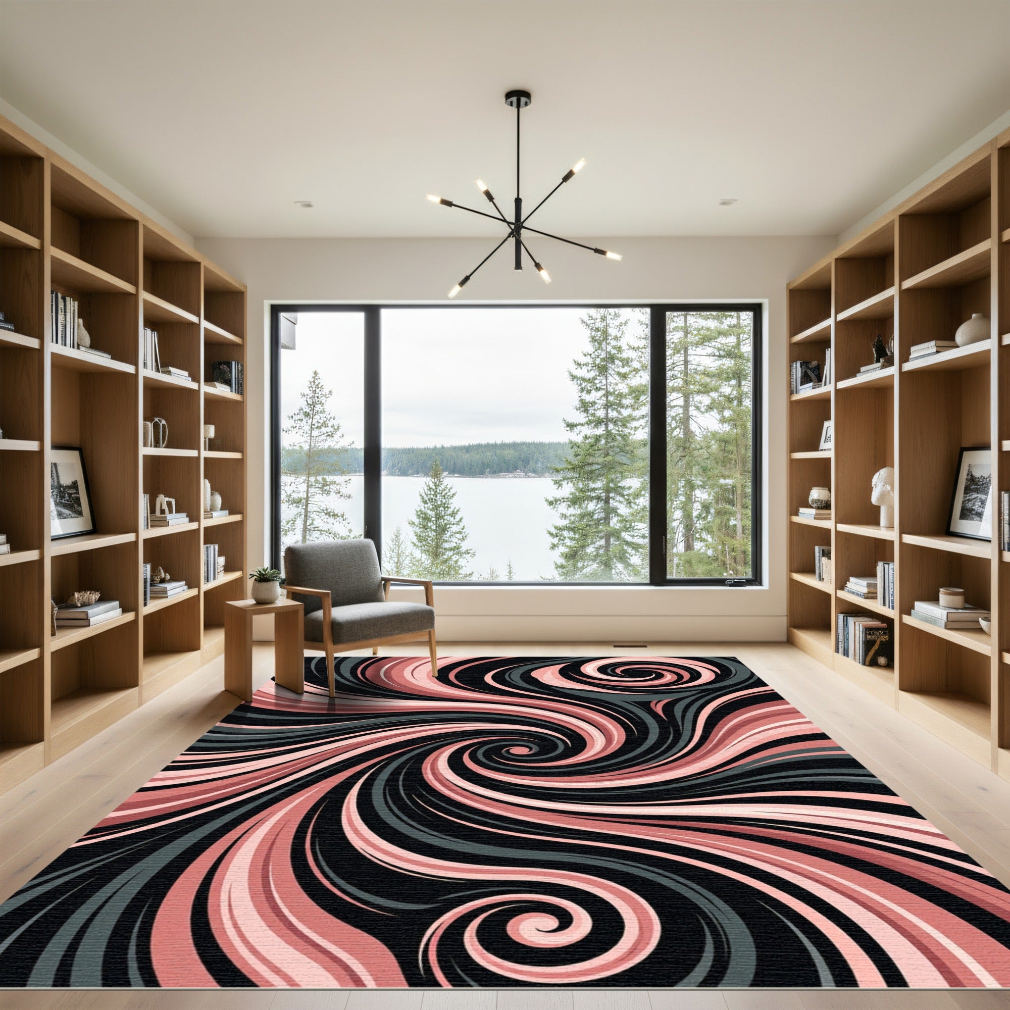 Modern Dusty Rose Black Swirl Abstract Rug