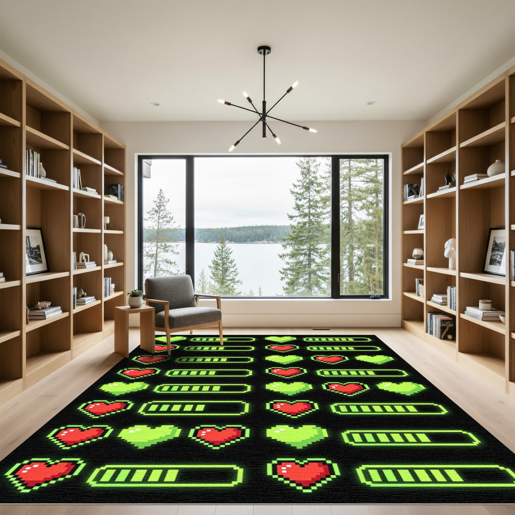 Neon Pixelated Heart Gaming Grid Rug