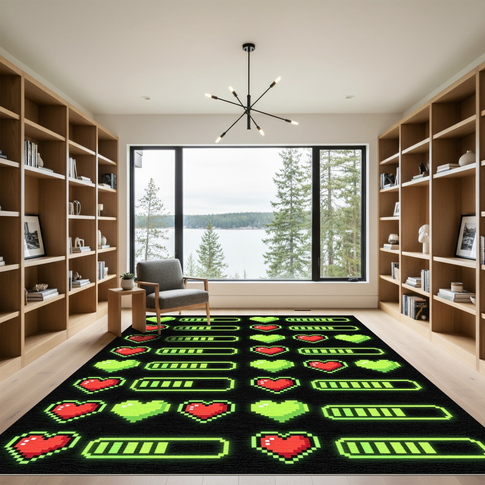 Neon Pixelated Heart Gaming Grid Rug
