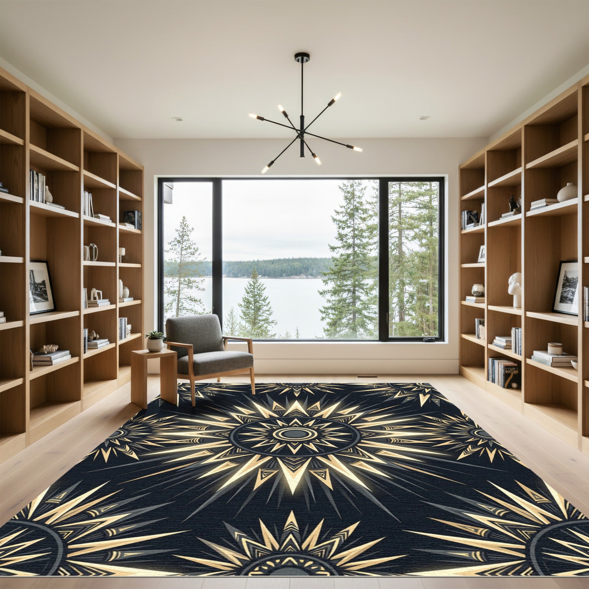 Radiant Gold Sunburst Geometric Emblem Rug