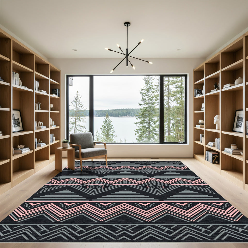 Geometric Gray and Dusty Pink Layered Triangle Rug