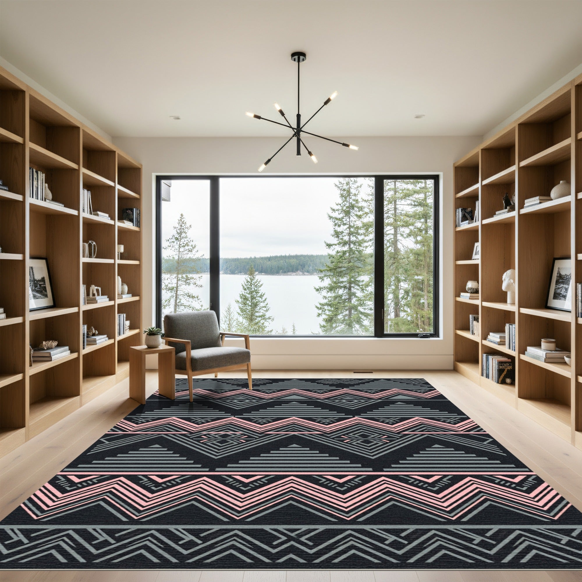 Geometric Gray and Dusty Pink Layered Triangle Rug