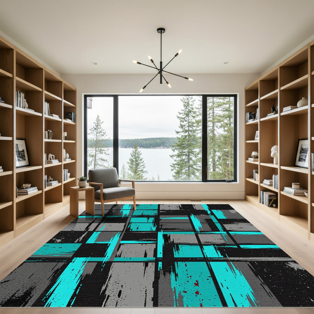 Modern Teal and Gray Abstract Grid Rug