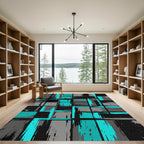 Modern Teal and Gray Abstract Grid Rug