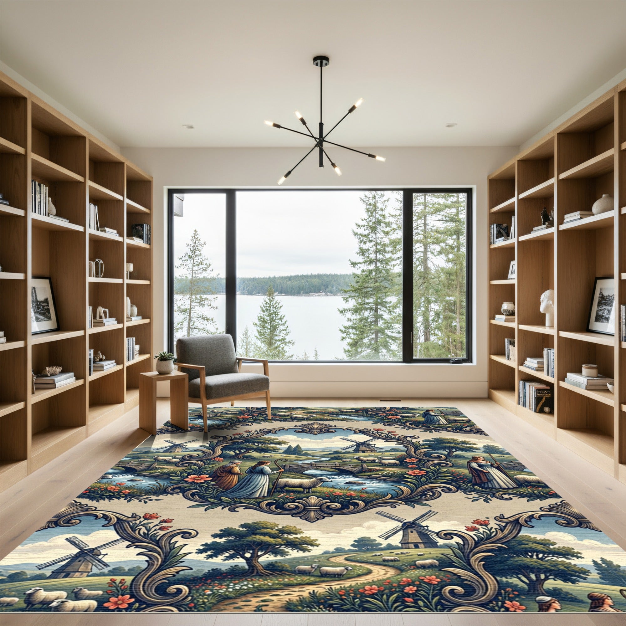 Pastoral Shepherdess Toile Floral Scroll Landscape Rug