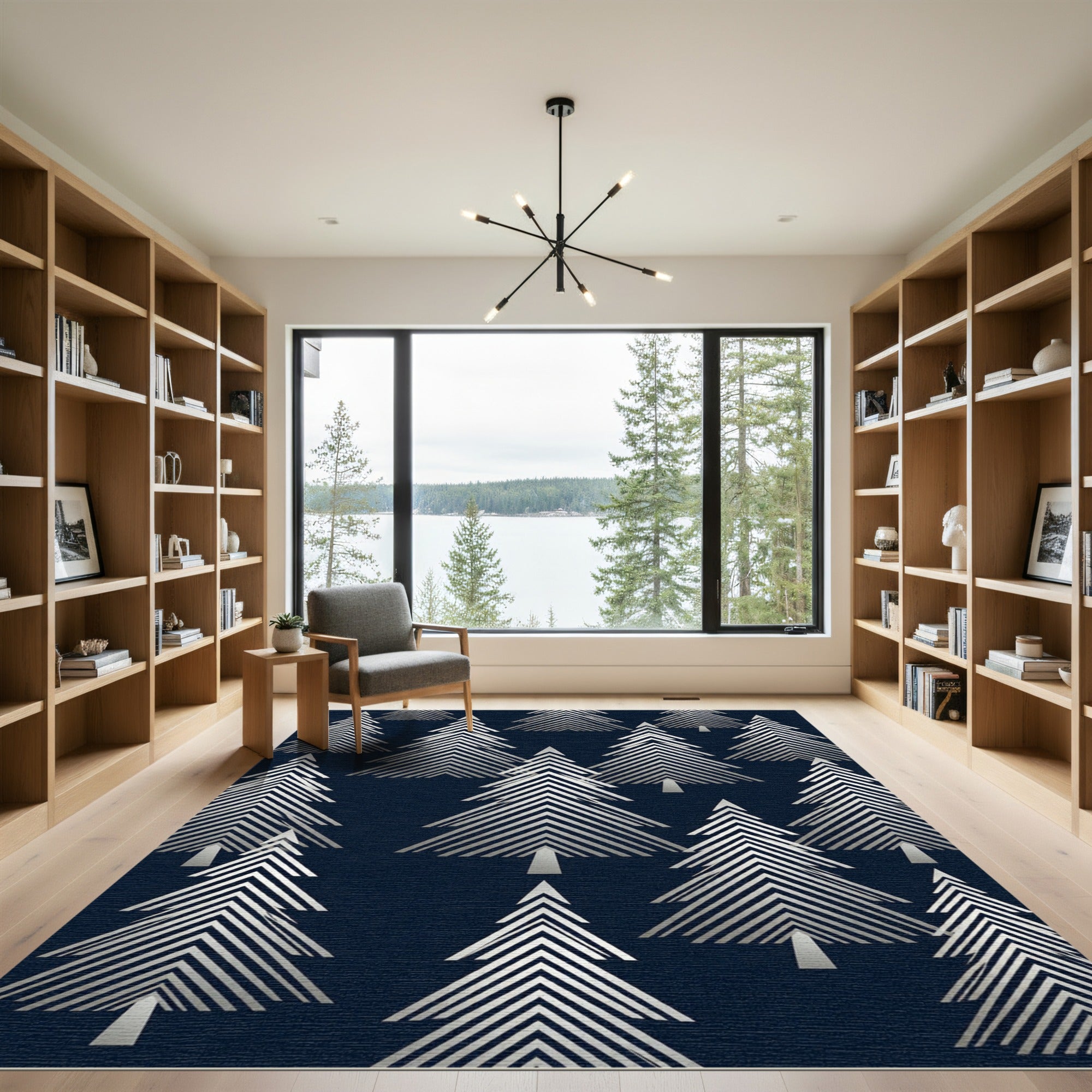 Modern Midnight Silver Geometric Tree Rug