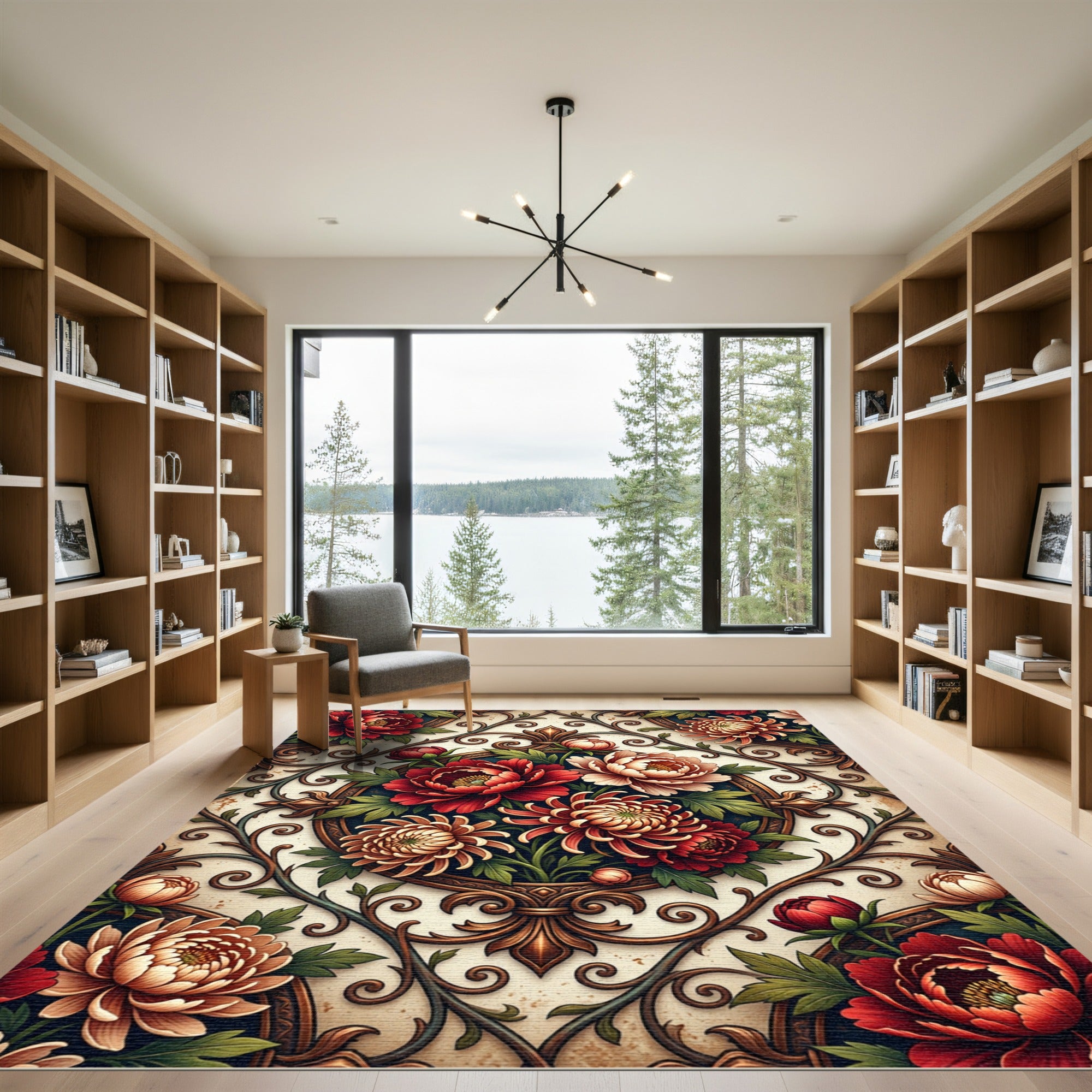 Crimson and Gold Floral Scroll Medallion Rug