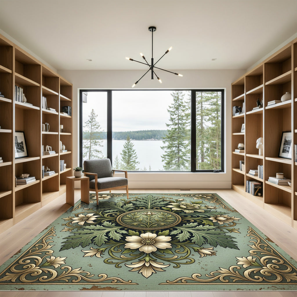 Elegant Sage Floral Damask Medallion Rug