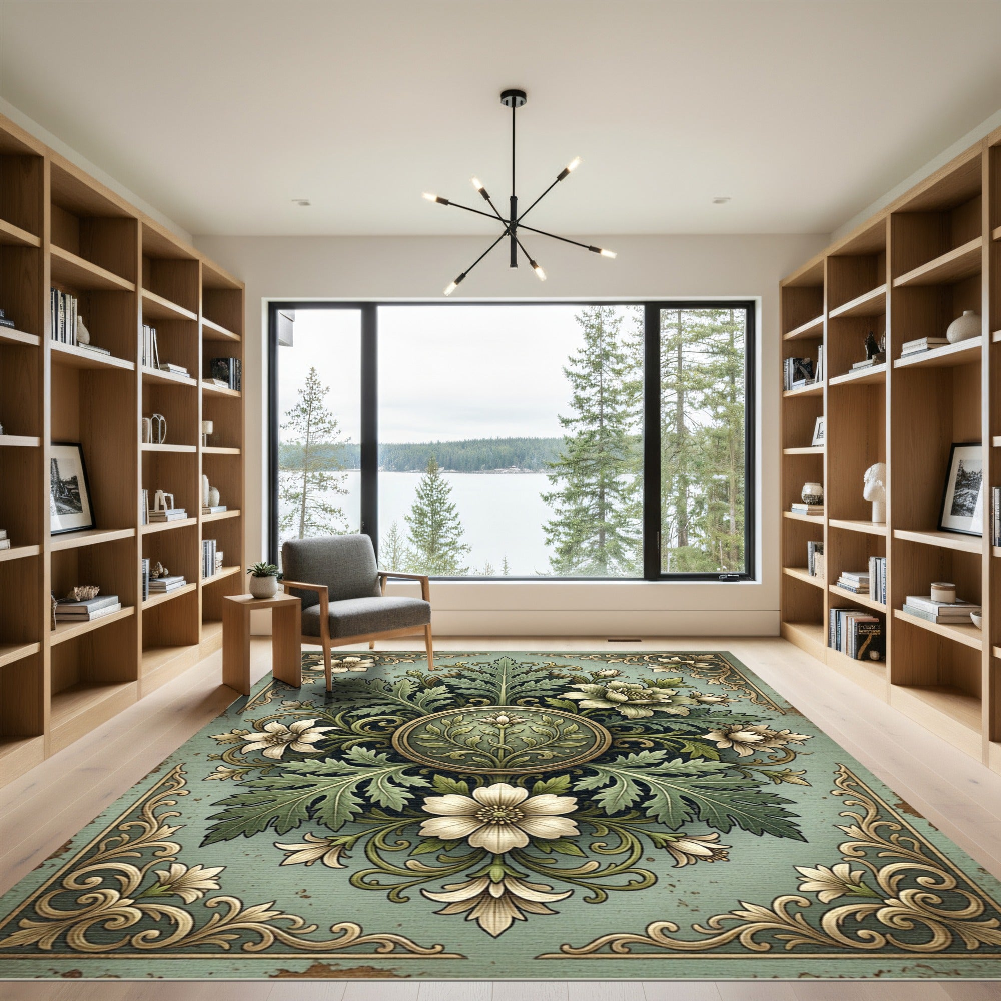 Elegant Sage Floral Damask Medallion Rug