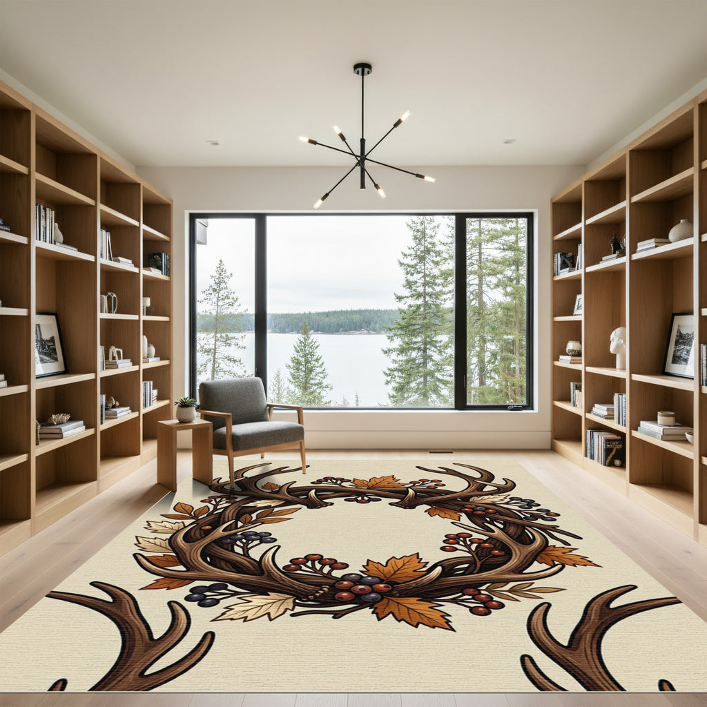 Rustic Antler Wreath with Autumn Foliage Rug