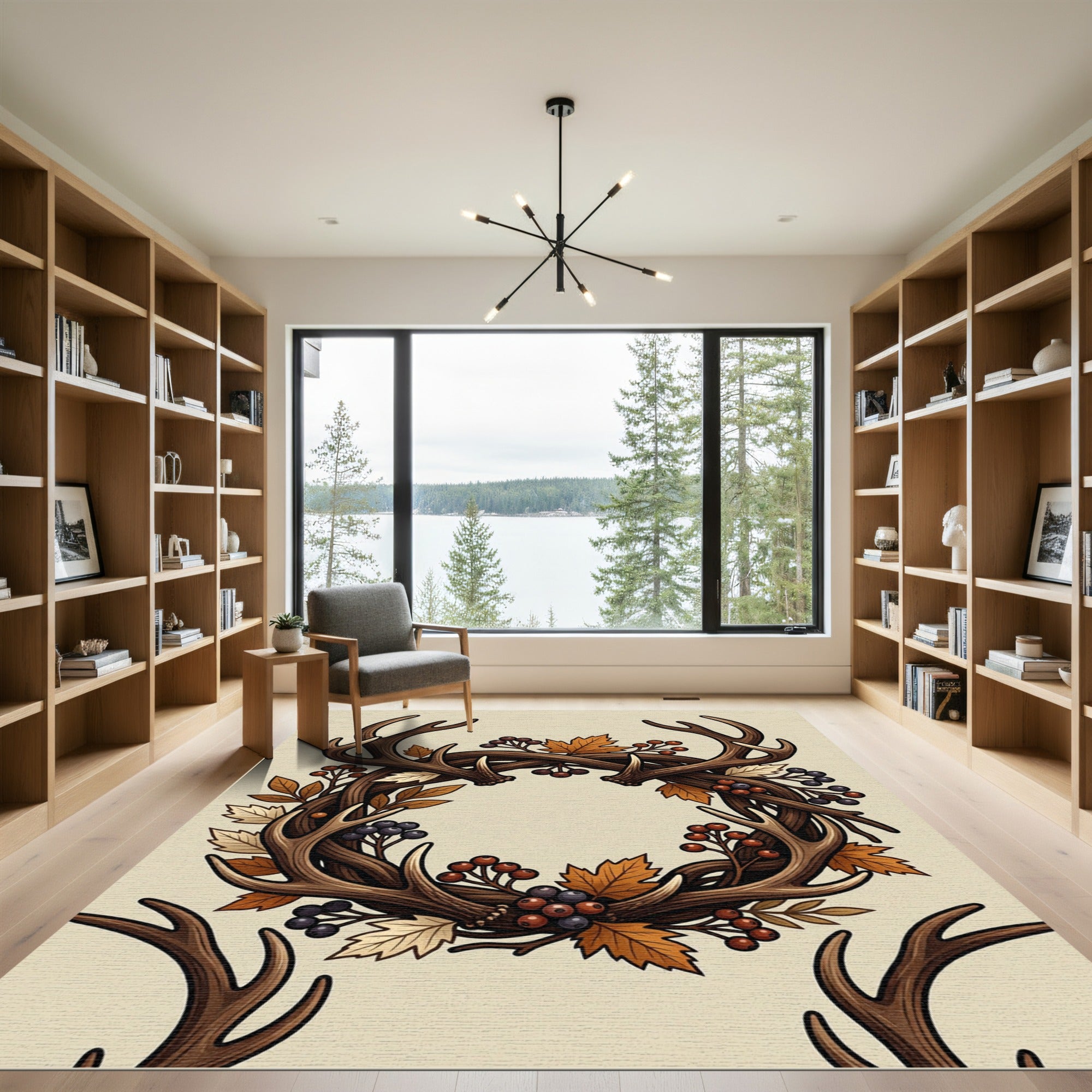 Rustic Antler Wreath with Autumn Foliage Rug