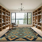 Geometric Teal and Gold Diamond Rug