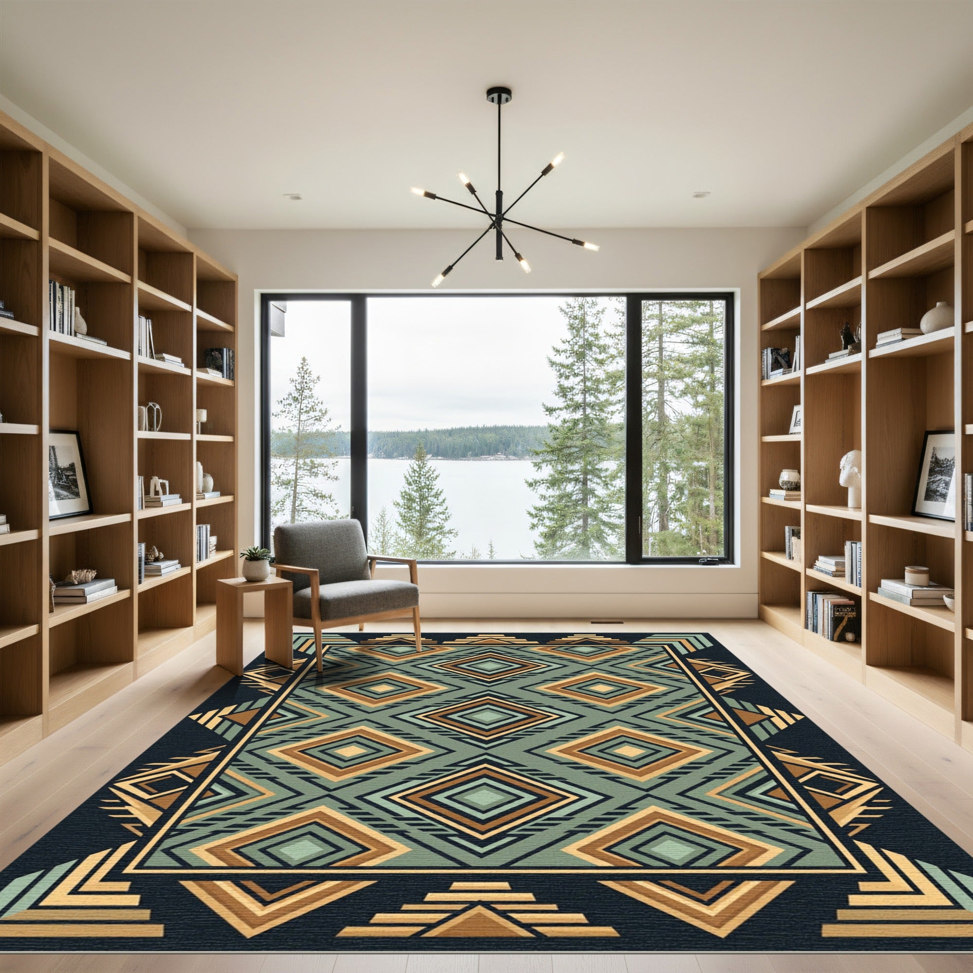 Geometric Teal and Gold Diamond Rug