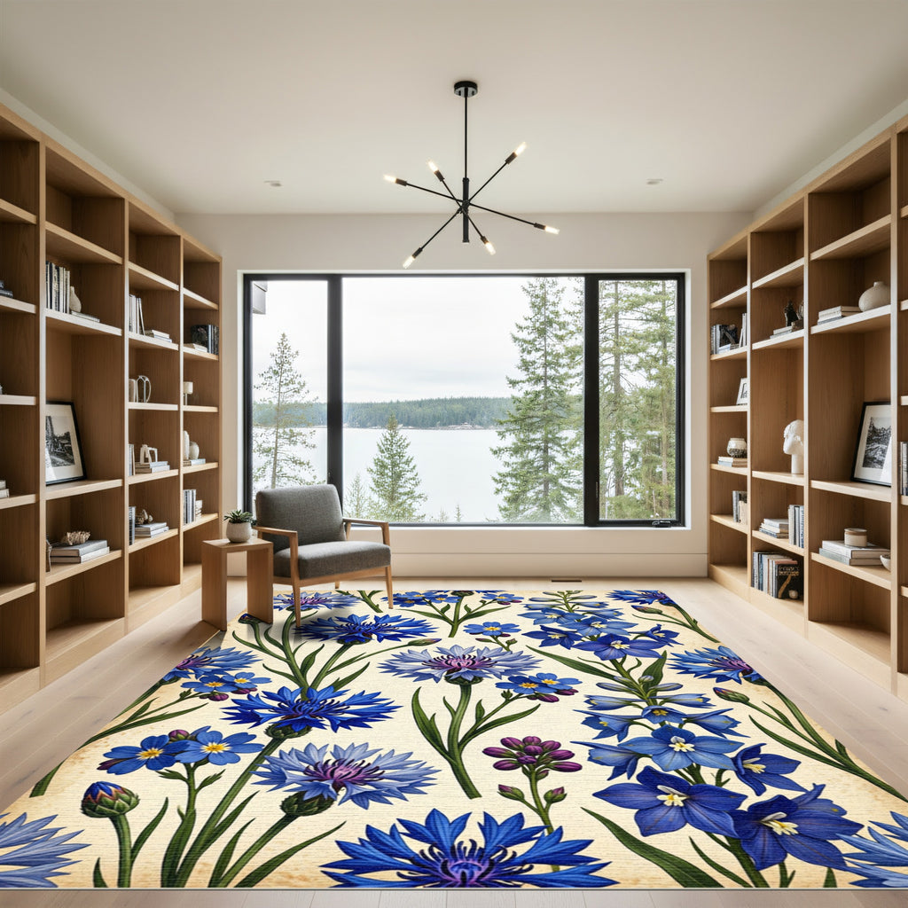 Blue Cornflower Garden Botanical Print Rug