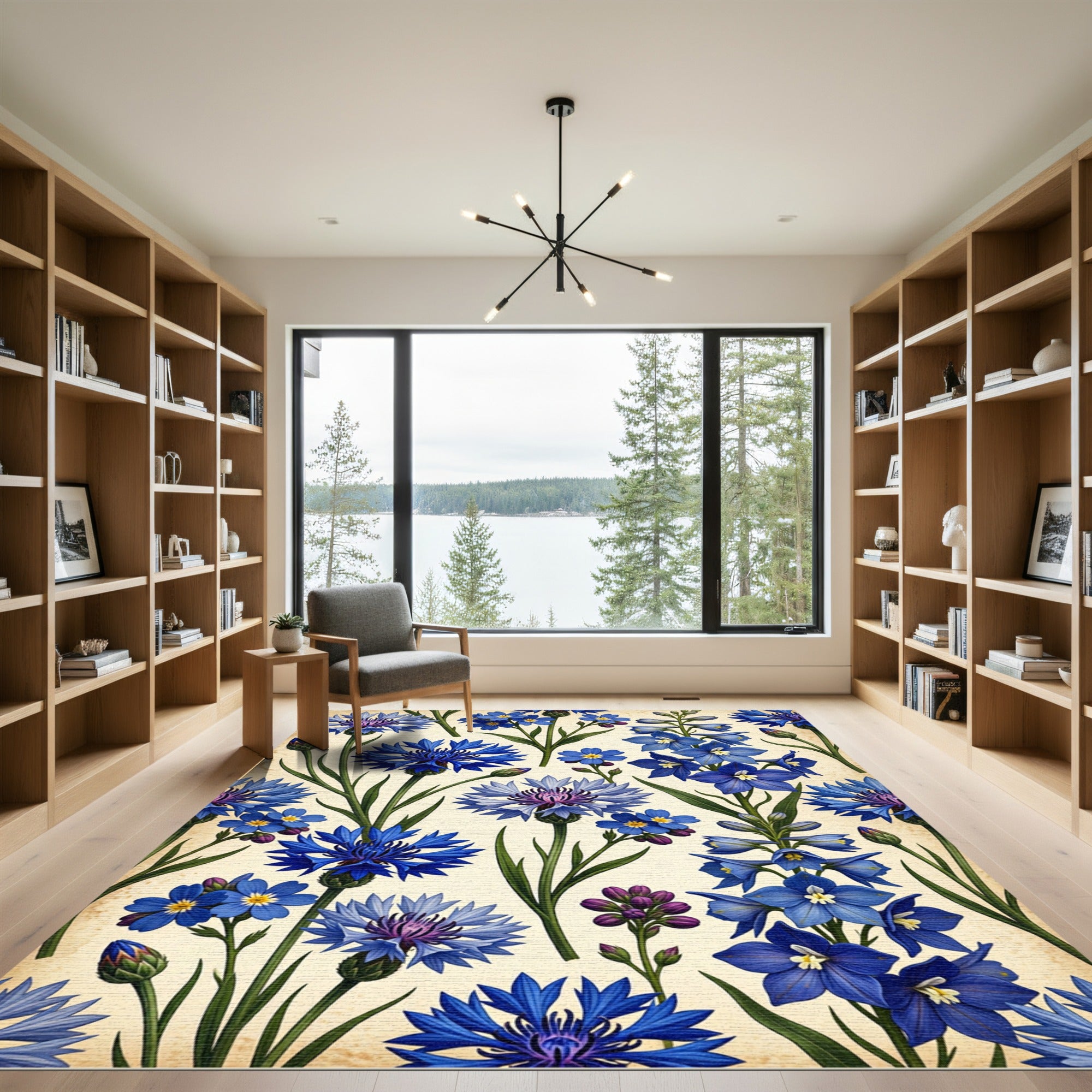 Blue Cornflower Garden Botanical Print Rug