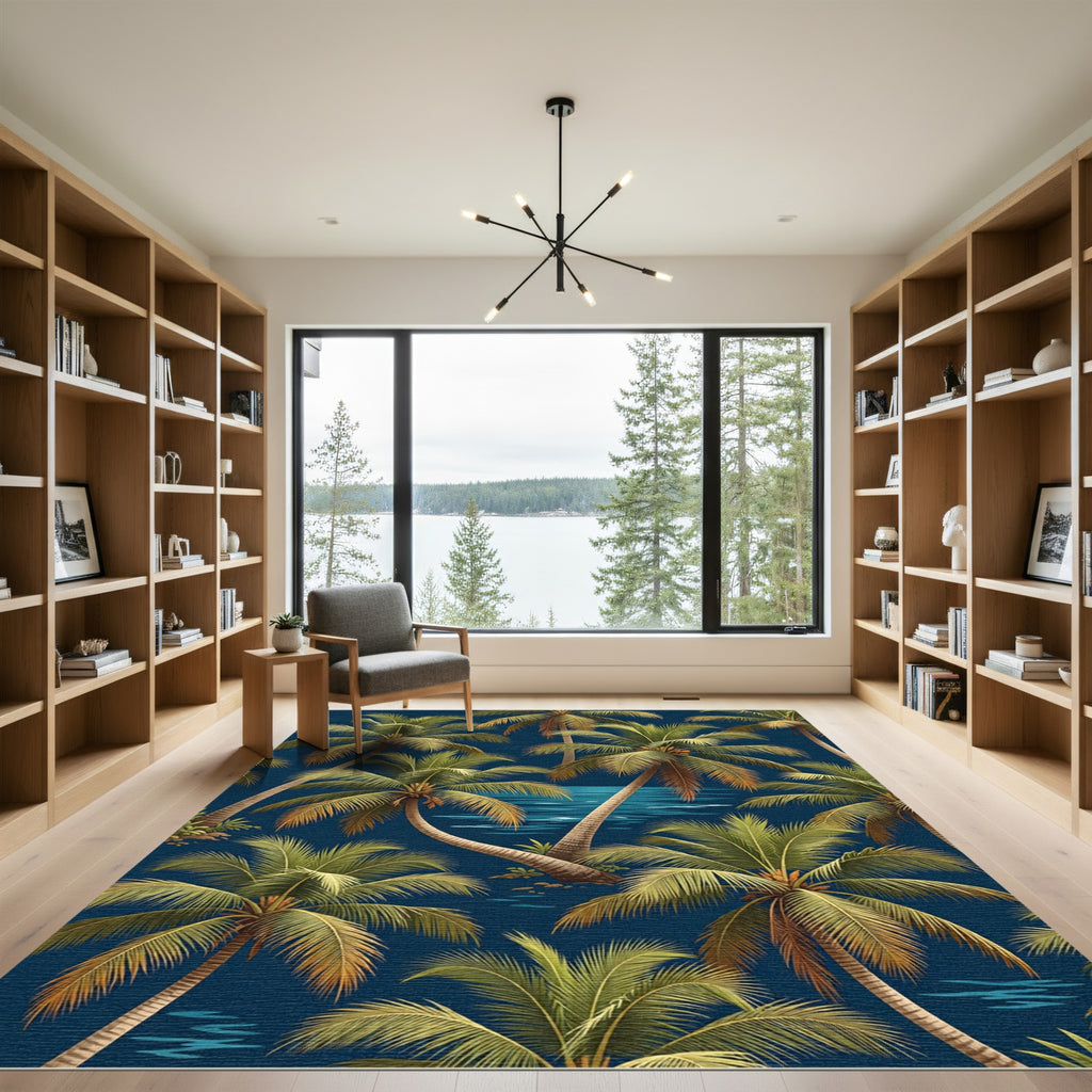 Lush Tropical Palm Navy Nightscape Rug