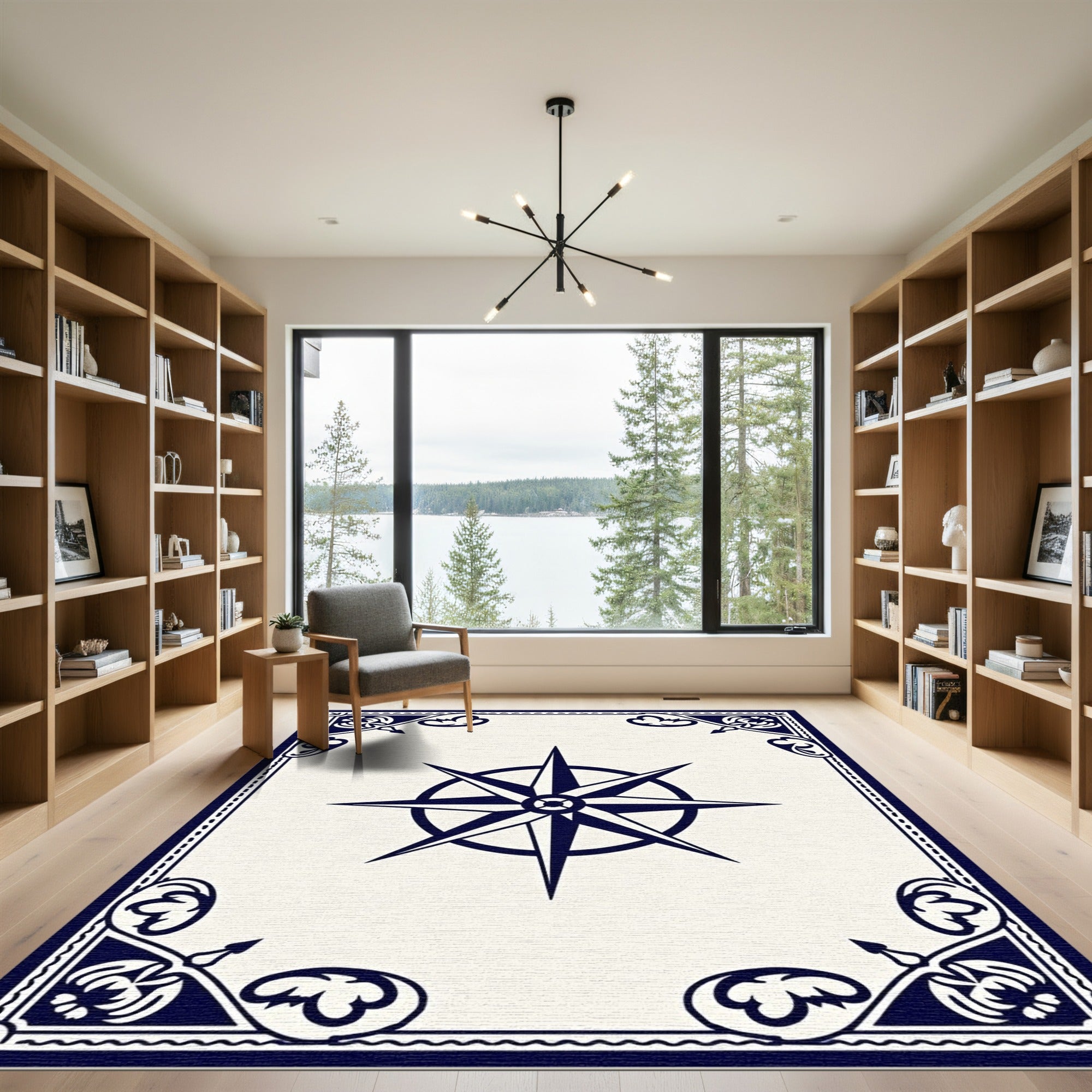 Naval Blue Compass Rose Border Rug
