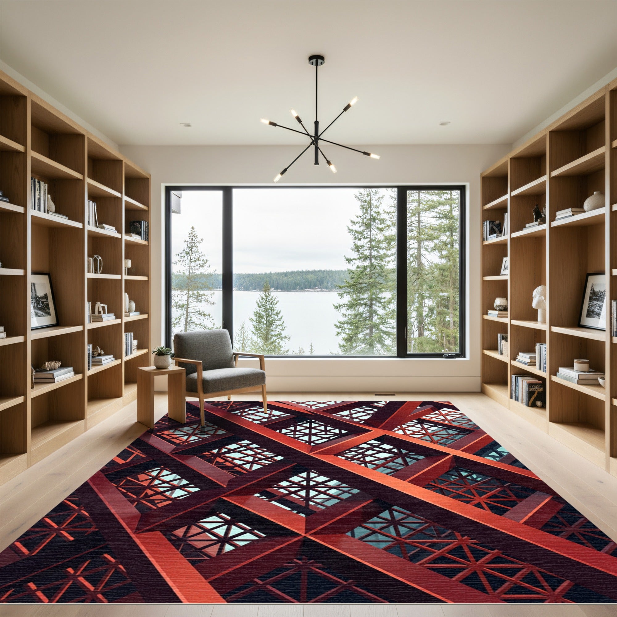 Modern Crimson Geometric Steel Lattice Rug
