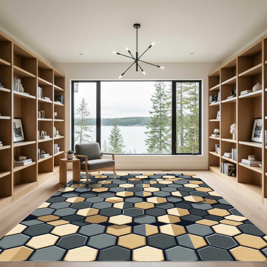 Modern Gray and Gold Hexagon Mosaic Rug