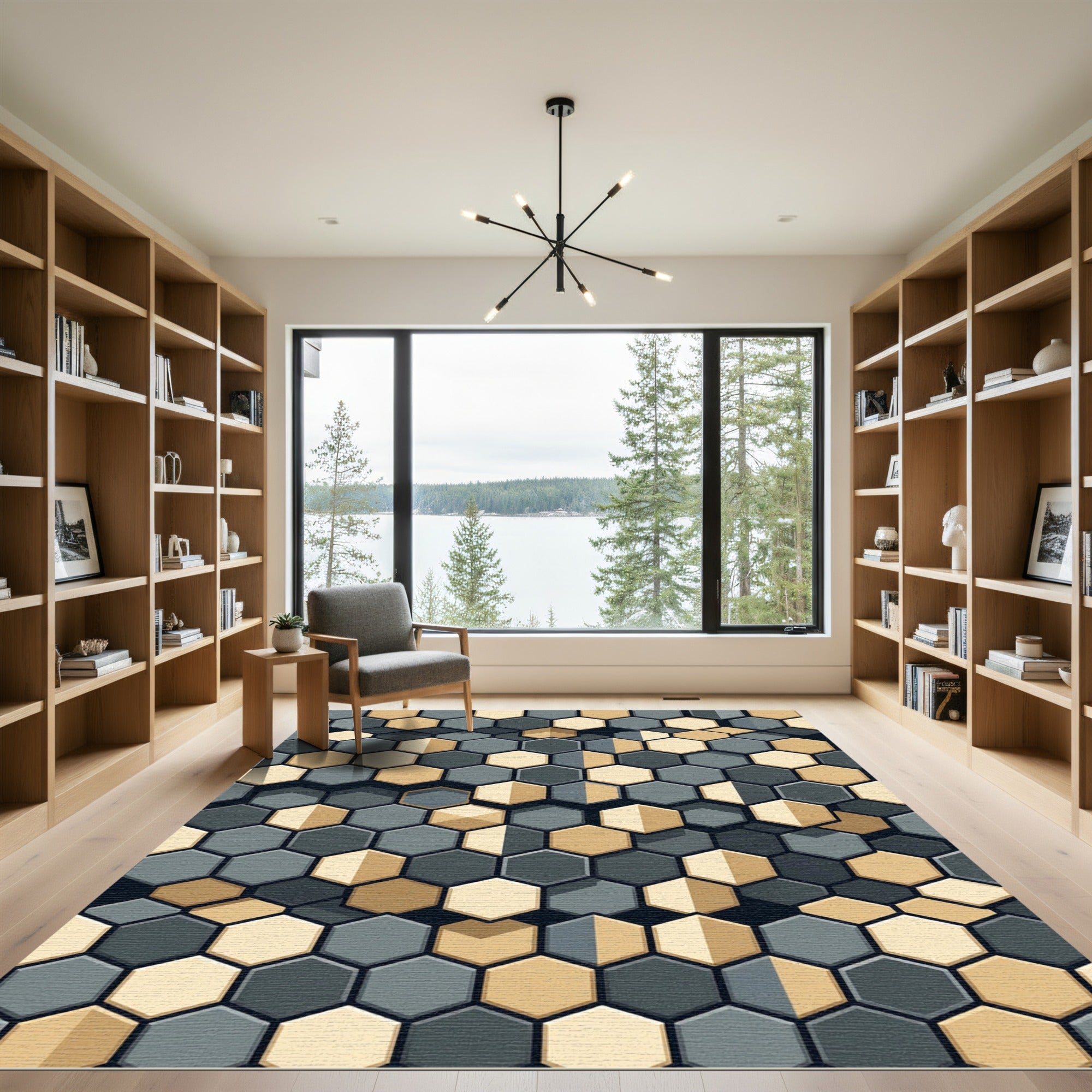 Modern Gray and Gold Hexagon Mosaic Rug