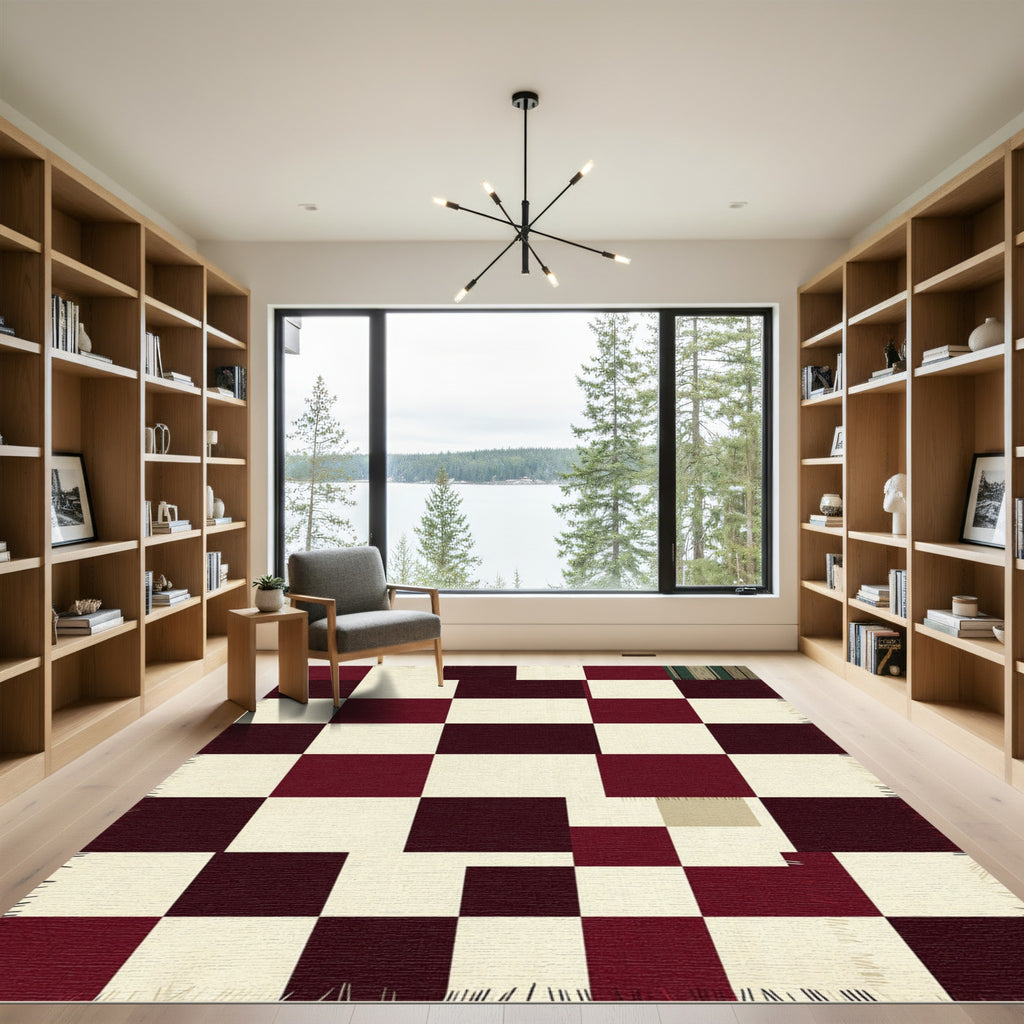 Burgundy and Cream Checkerboard Grid Rug