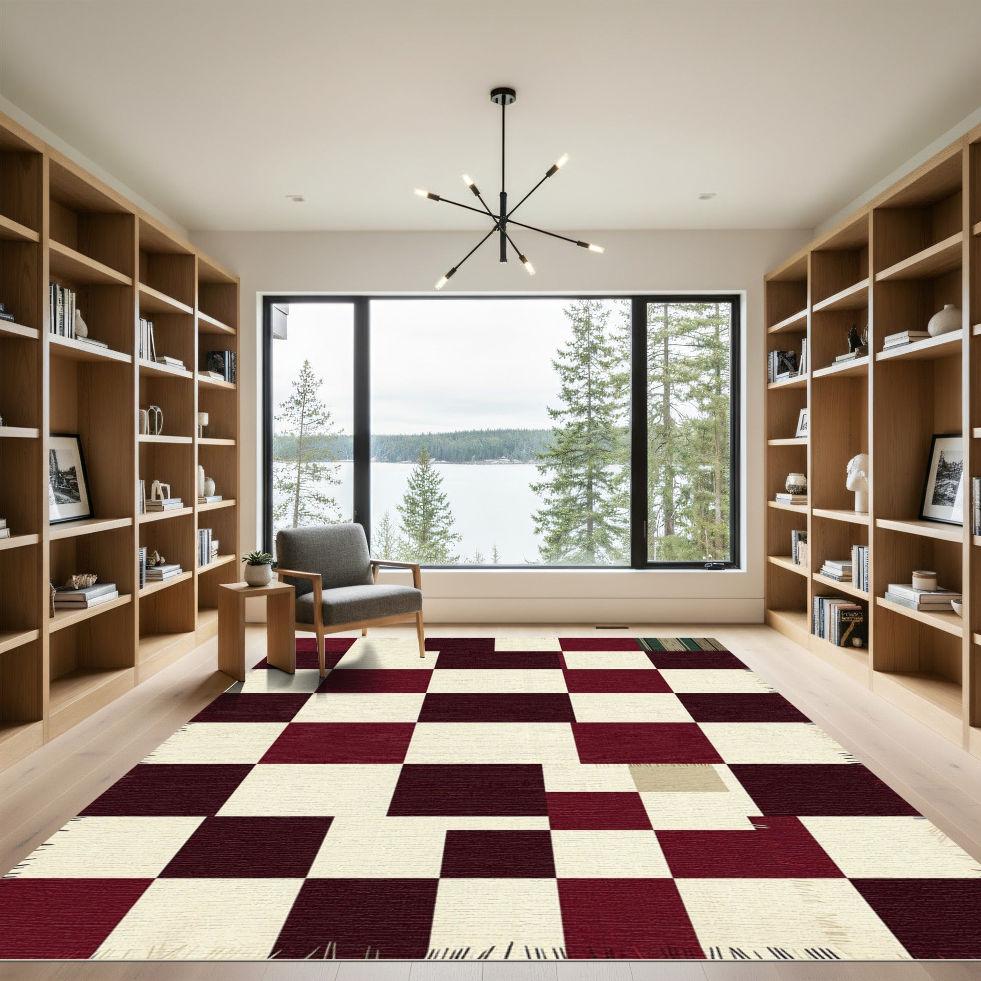 Burgundy and Cream Checkerboard Grid Rug