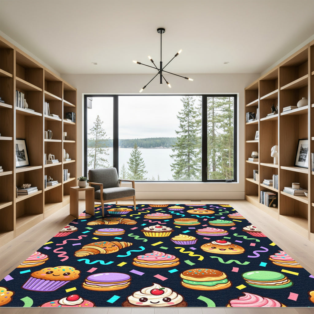 Cheerful Kawaii Cupcake and Confetti Illustration Rug