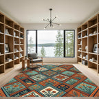 Terracotta Teal Floral Diamond Tile Rug