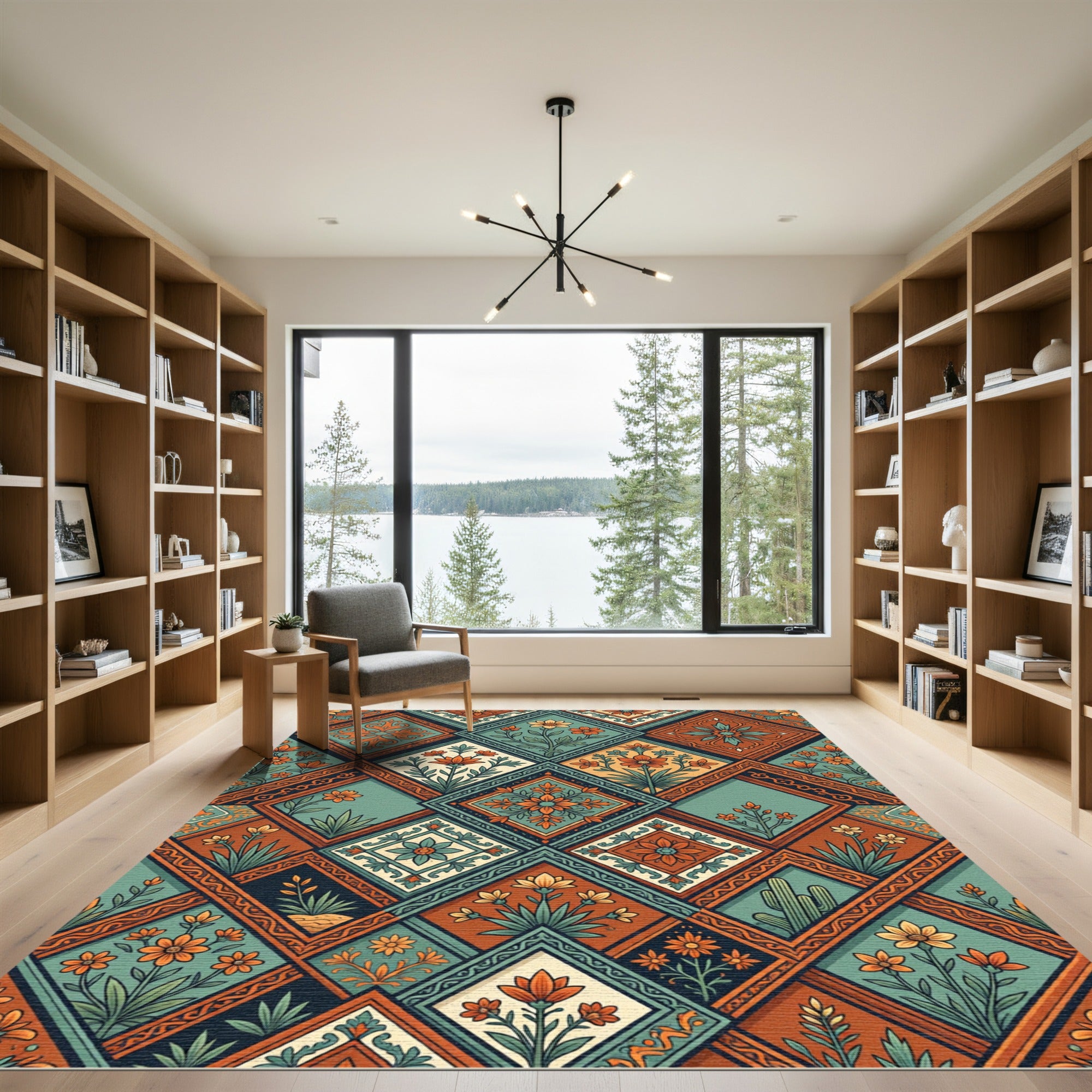 Terracotta Teal Floral Diamond Tile Rug