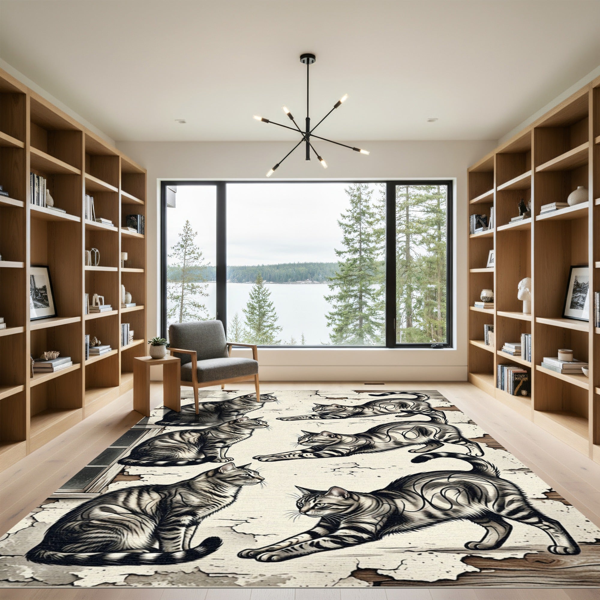 Monochromatic Tabby Cat Illustration Rug