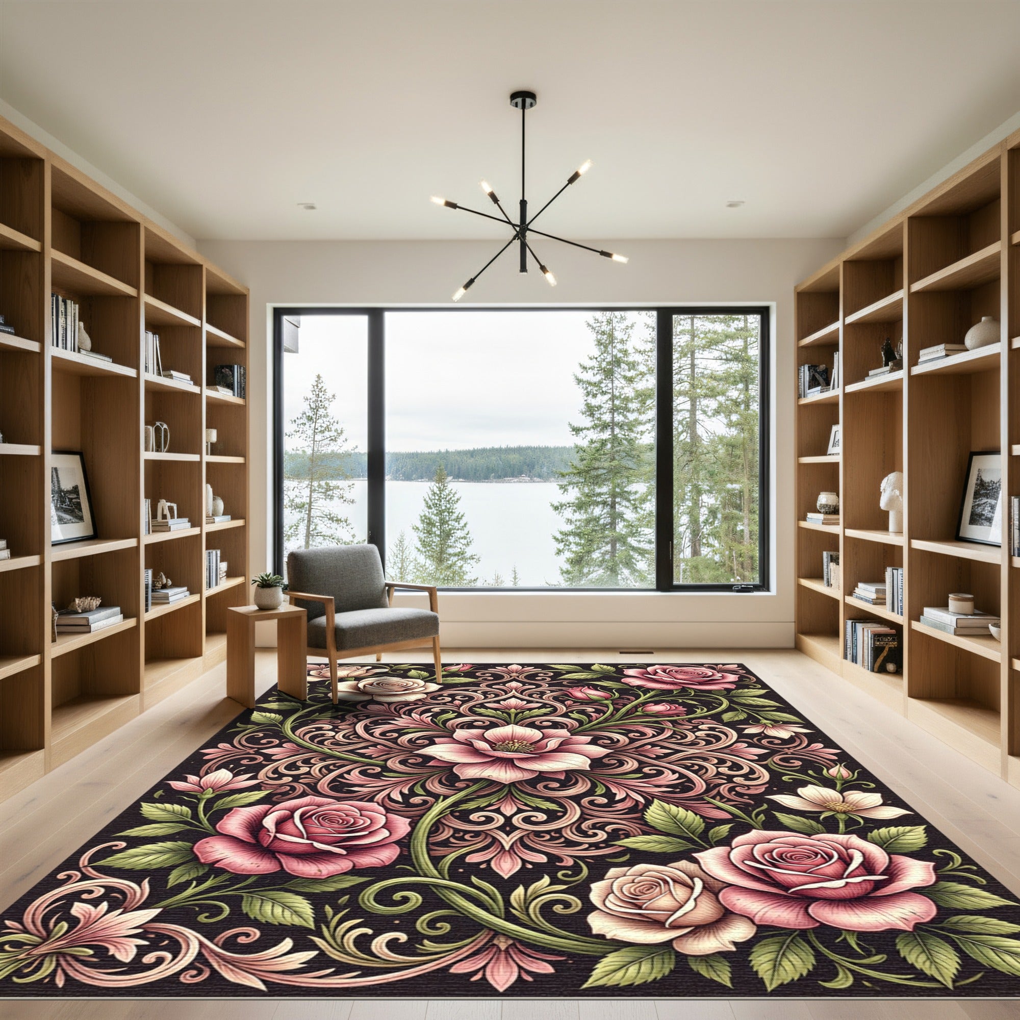 Elegant Blush Rose Floral Scrollwork Rug
