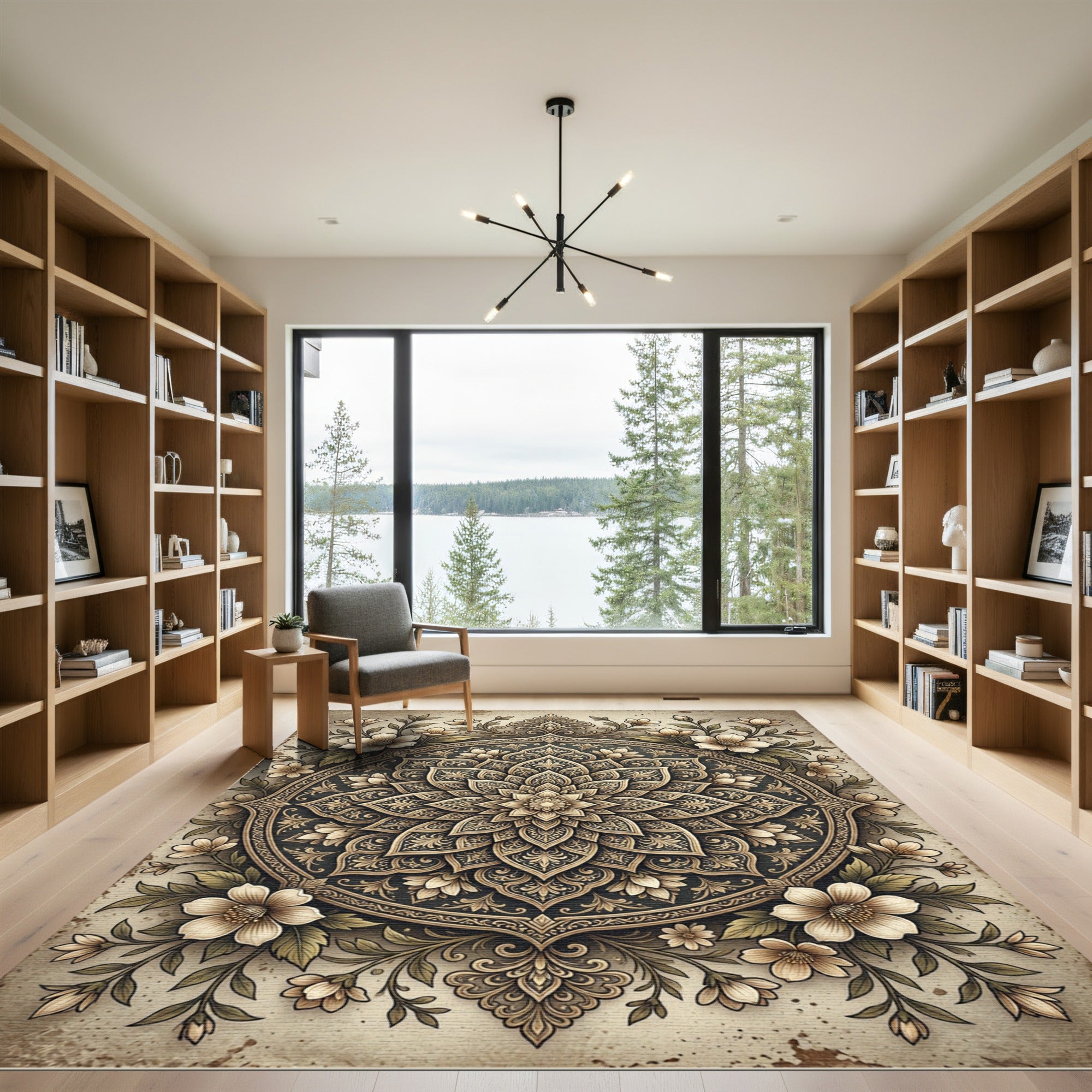 Elegant Gold Floral Mandala Art Rug
