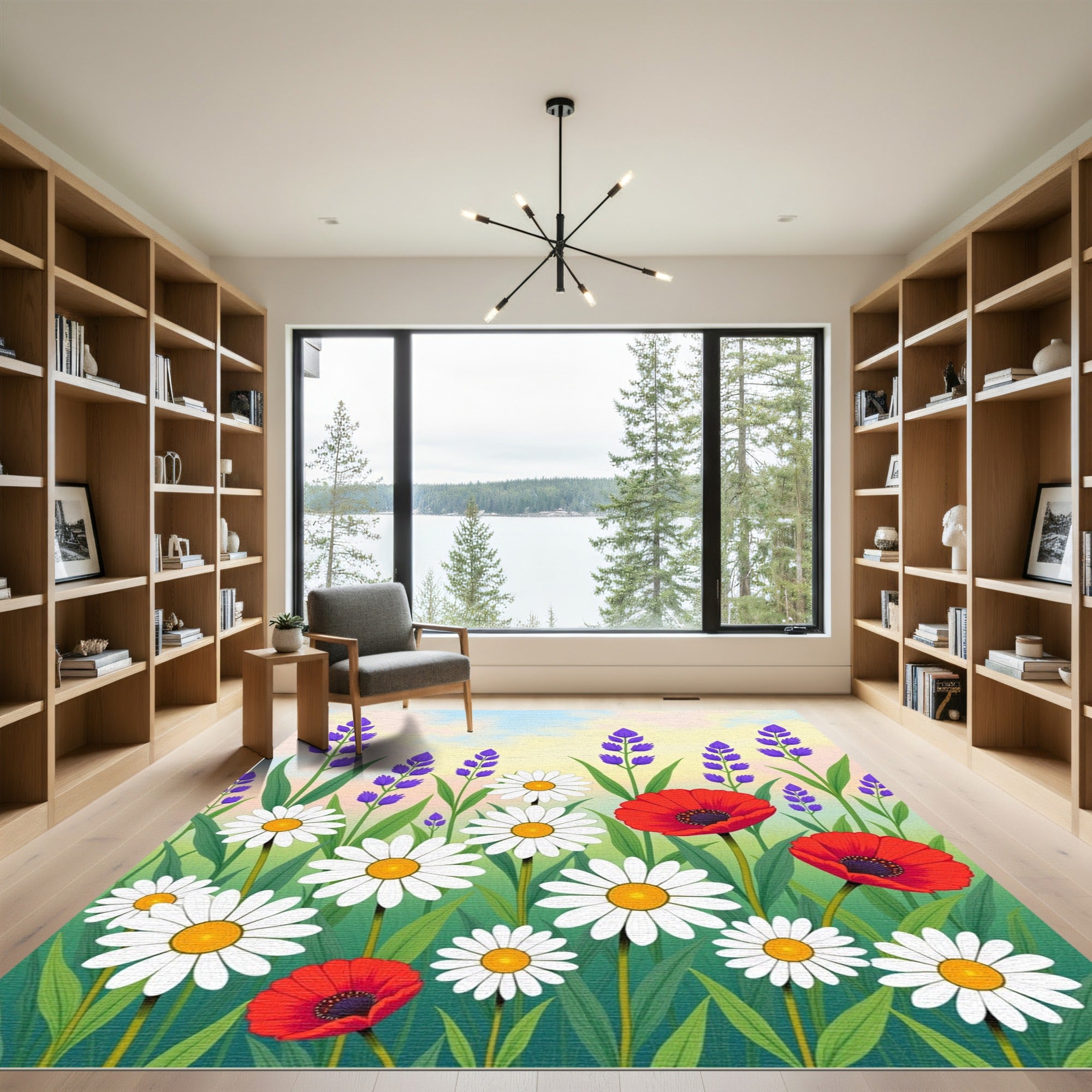 Vibrant Poppy Daisy Lavender Field Rug