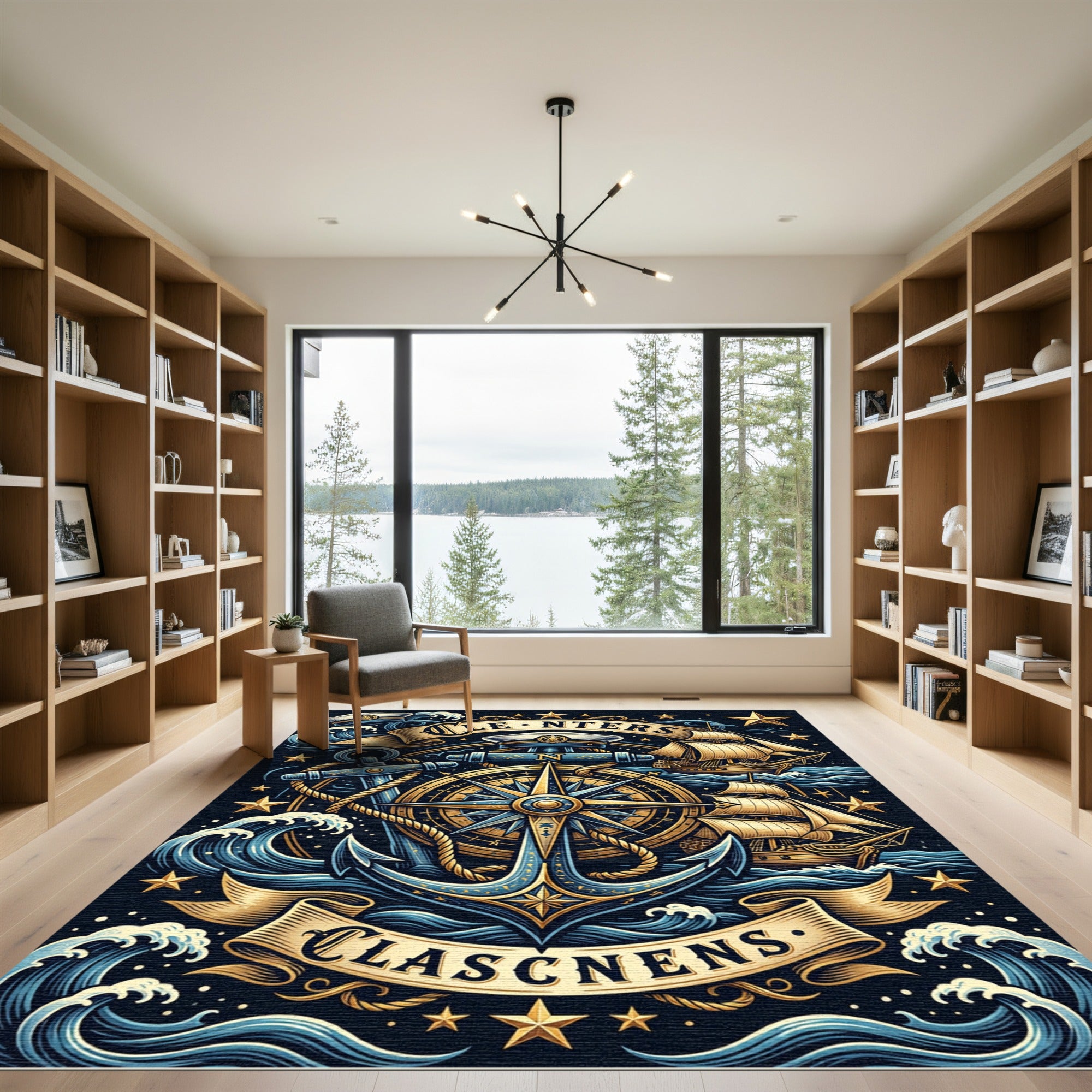 Golden Nautical Compass Anchor Maritime Art Rug