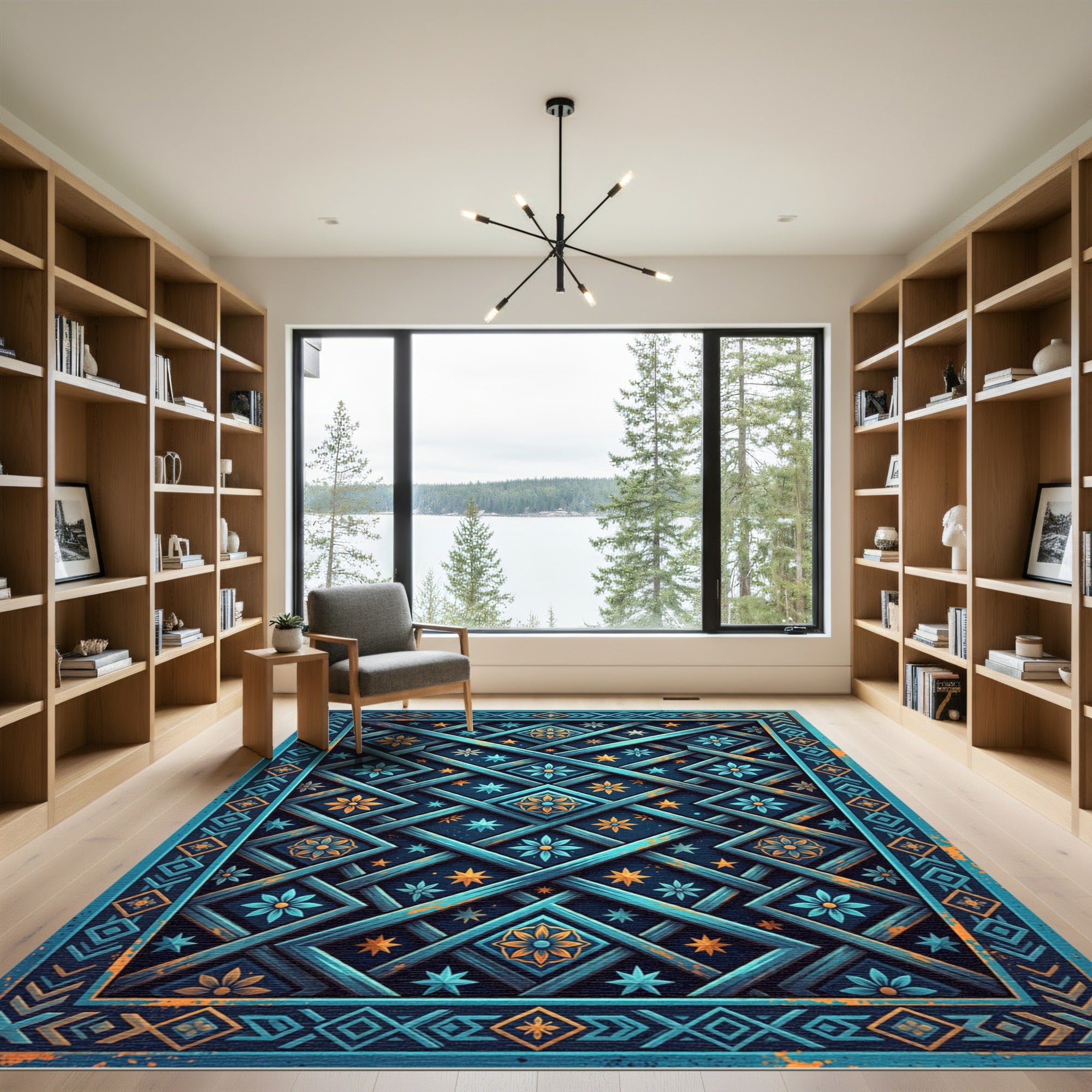 Ornate Teal Celestial Lattice Area Rug