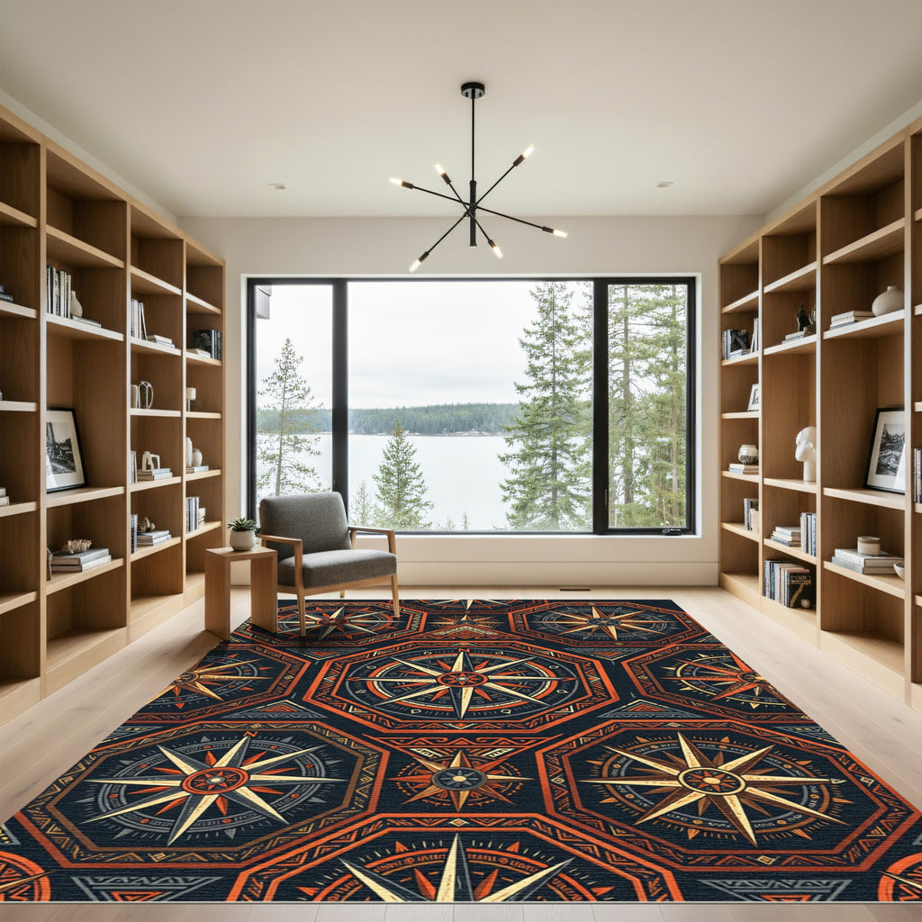 Ancient Compass Rose Medallion Accent Rug