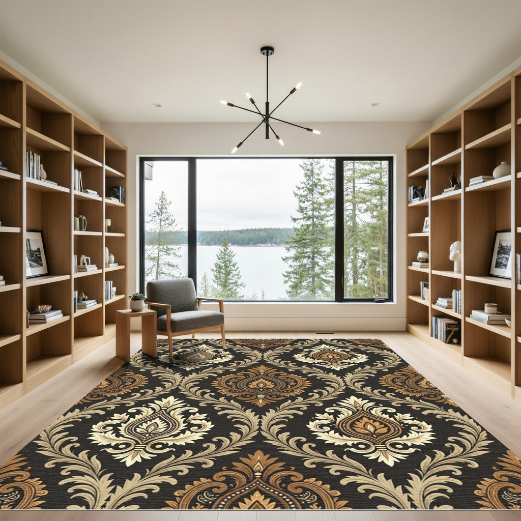 Elegant Cream and Bronze Damask Scroll Rug