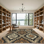 Elegant Cream and Bronze Damask Scroll Rug