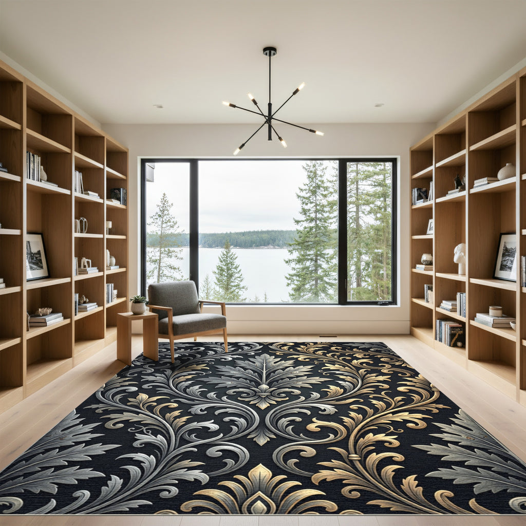 Baroque Gold Silver Leaf Scroll Rug