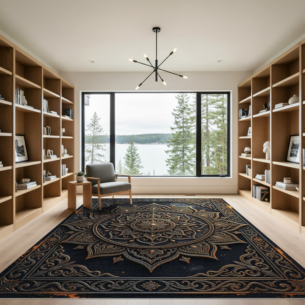Ornate Black and Gold Mandala Medallion Rug