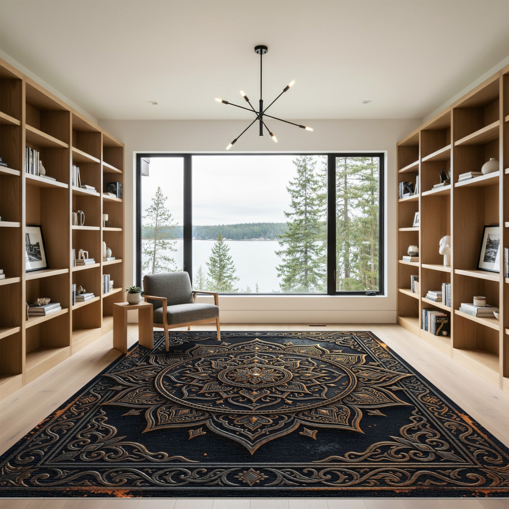 Ornate Black and Gold Mandala Medallion Rug