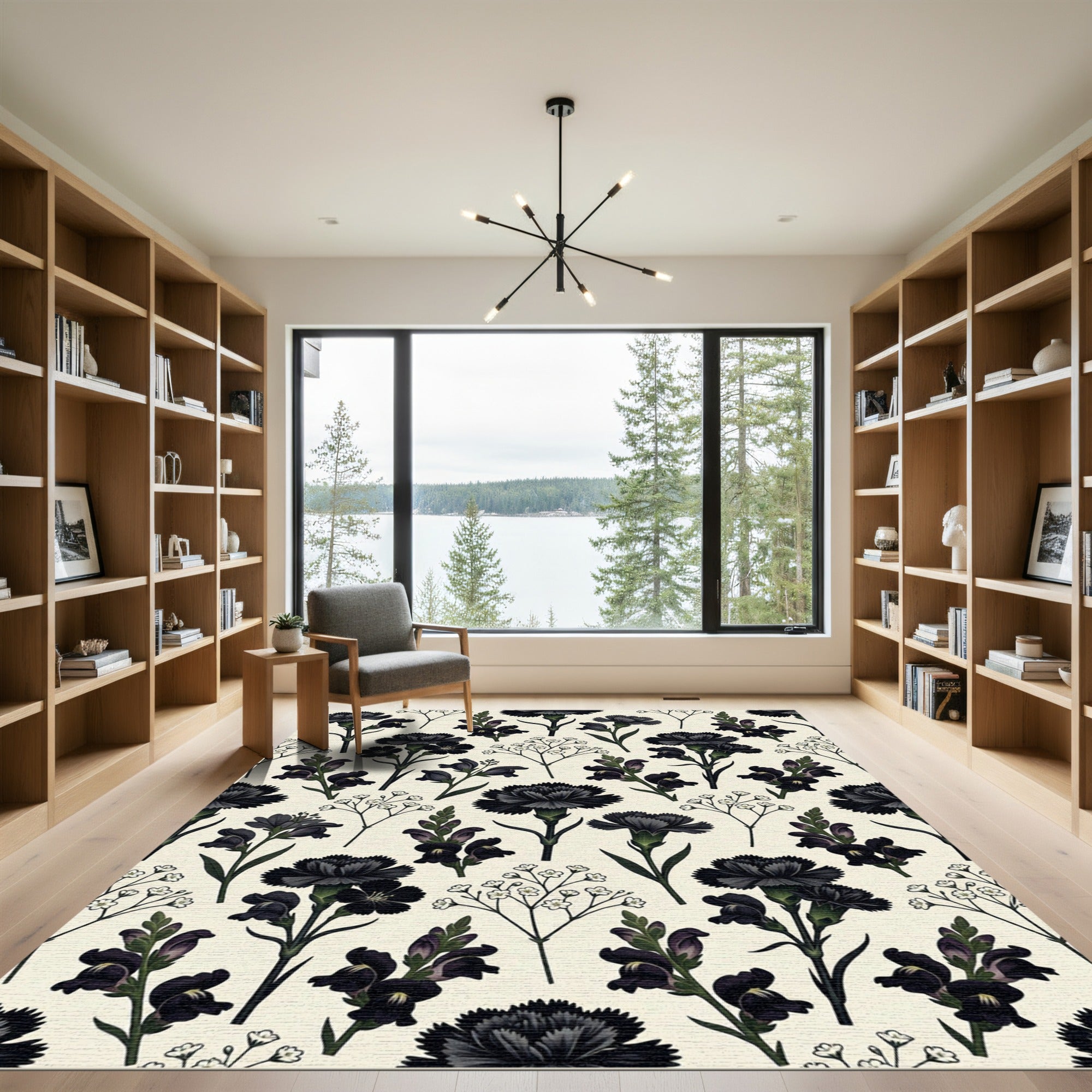 Dark Floral Branches Botanical Arrangement Rug