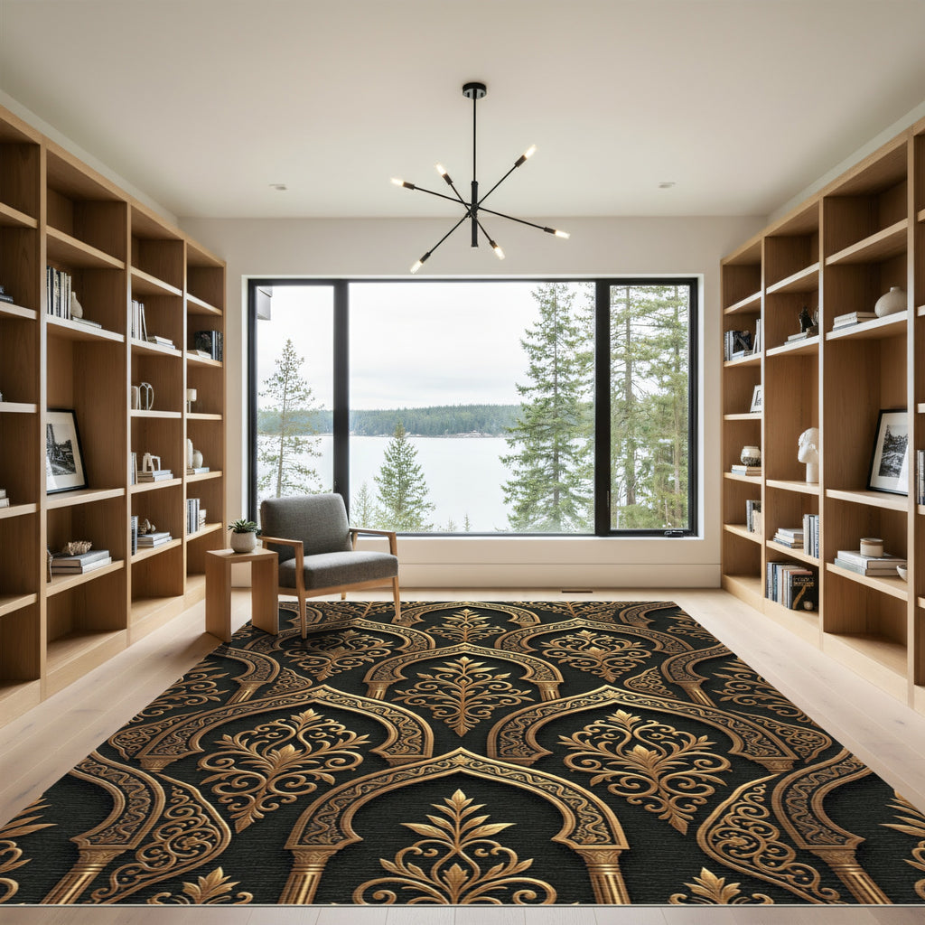 Ornate Gold Arch Damask Black Rug