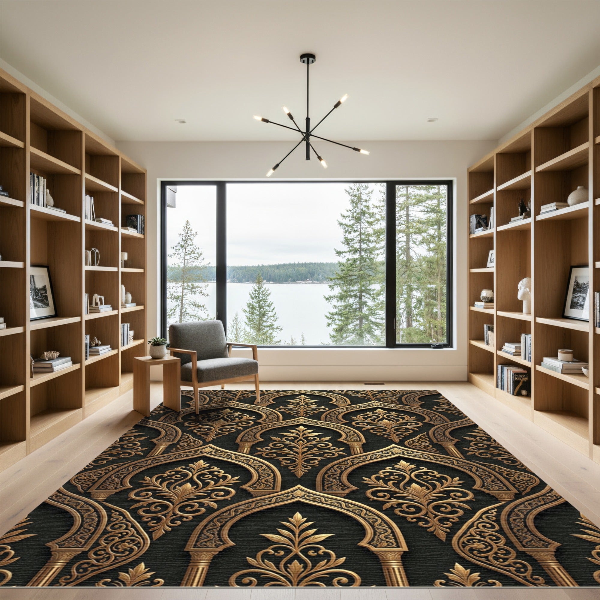 Ornate Gold Arch Damask Black Rug