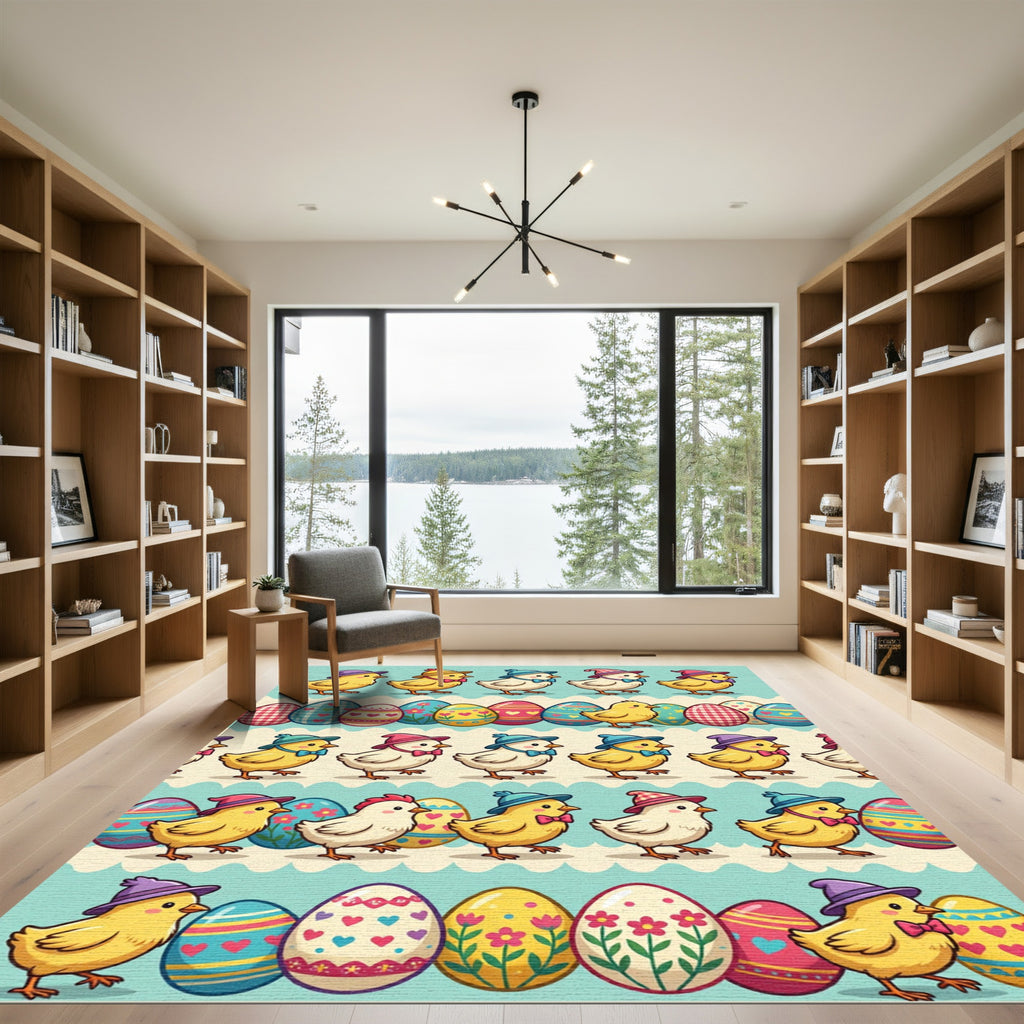 Whimsical Easter Chick and Egg Striped Rug