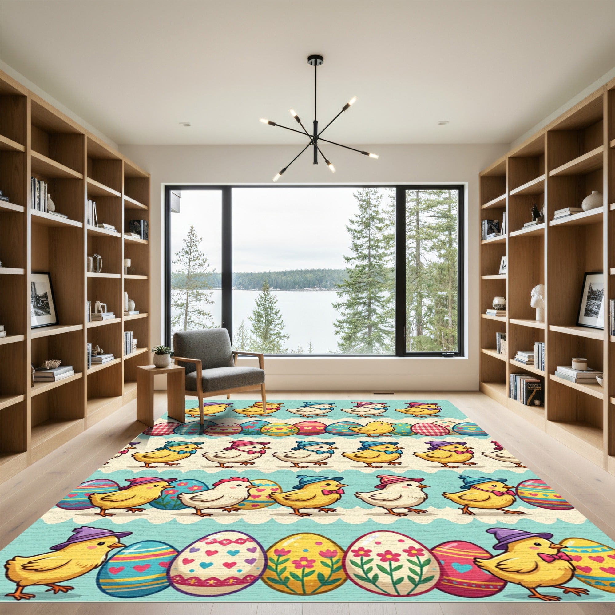 Whimsical Easter Chick and Egg Striped Rug
