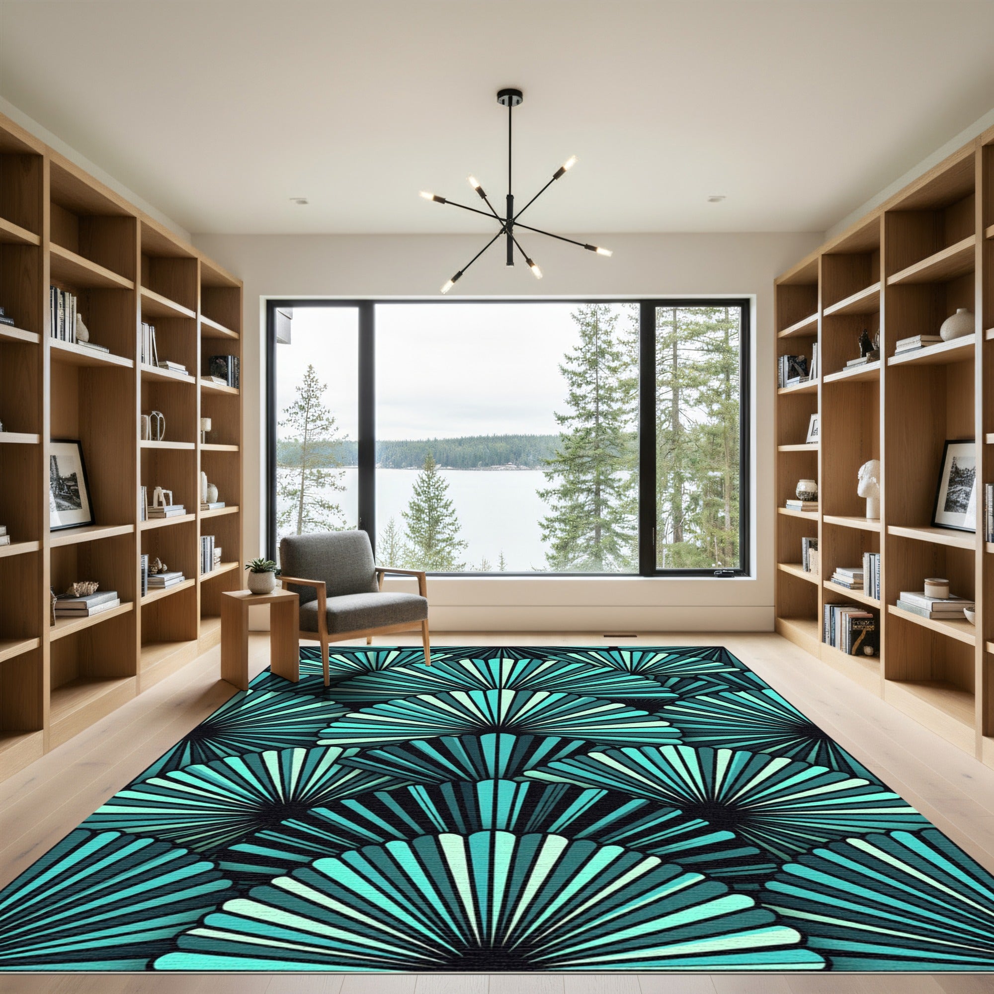 Art Deco Teal Fan Geometric Rug